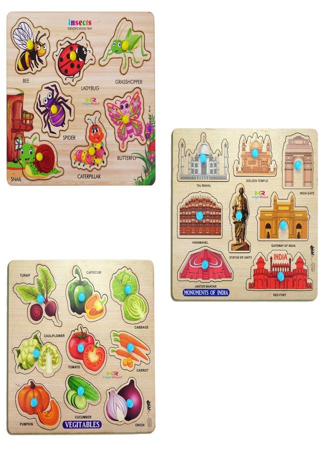 HIGHROOF® Kids Fort Pre Nursery Educational Jigsaw Puzzles for Adults Kids Learning Toys Kit Board Game 3 pcs Set of Insects Monuments of India & Vegetables Educational Toy - Image 1